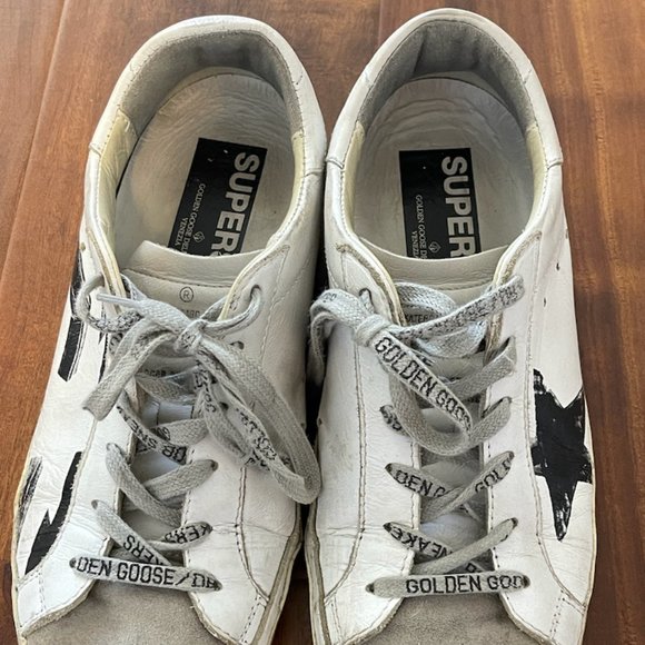 GOLDEN GOOSE Superstar Striped Leather And Suede Sneakers In Black and W… - Picture 2 of 5